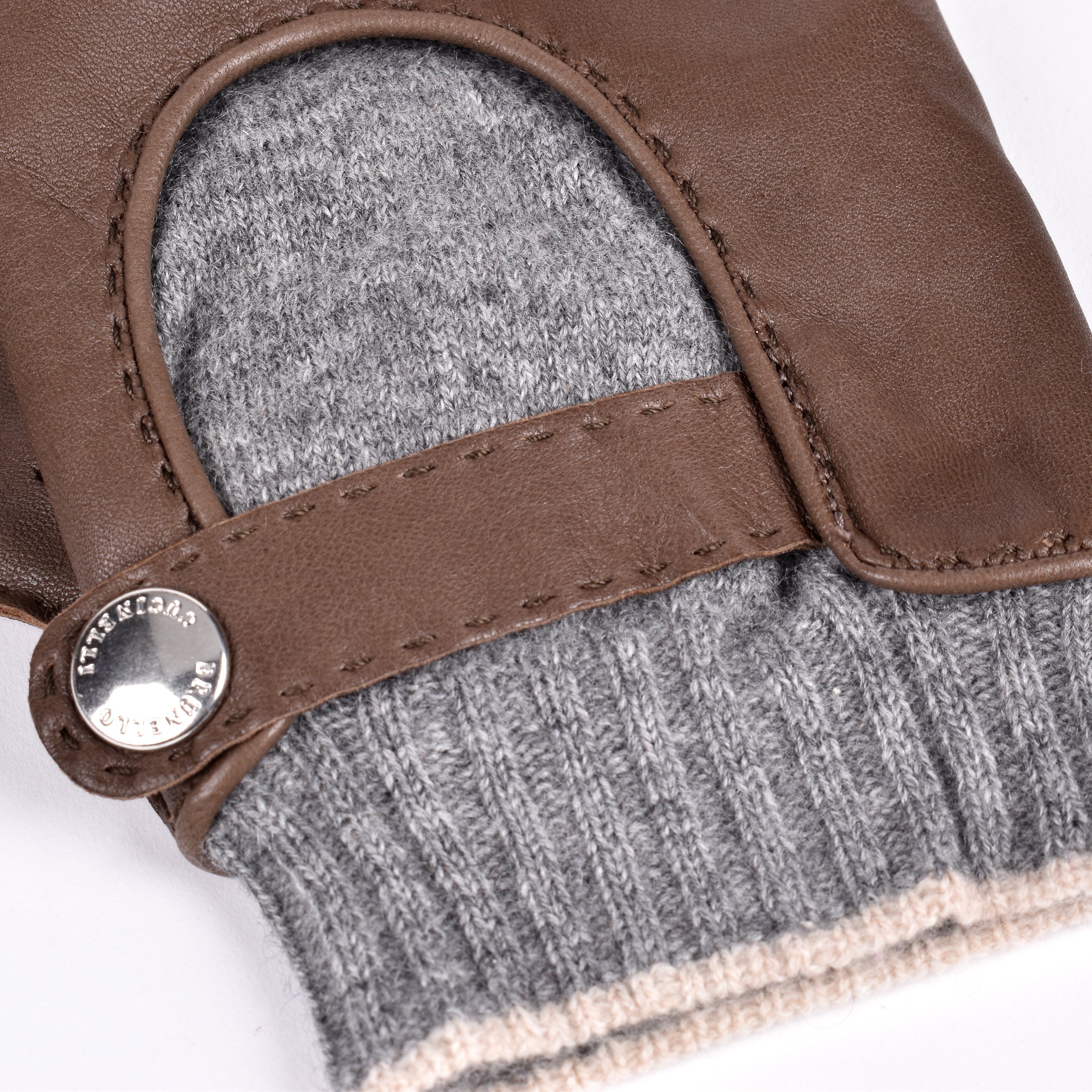 BRUNELLO CUCINELLI MEN'S TWO TONE BROWN/GREY LEATHER BLEND GLOVES