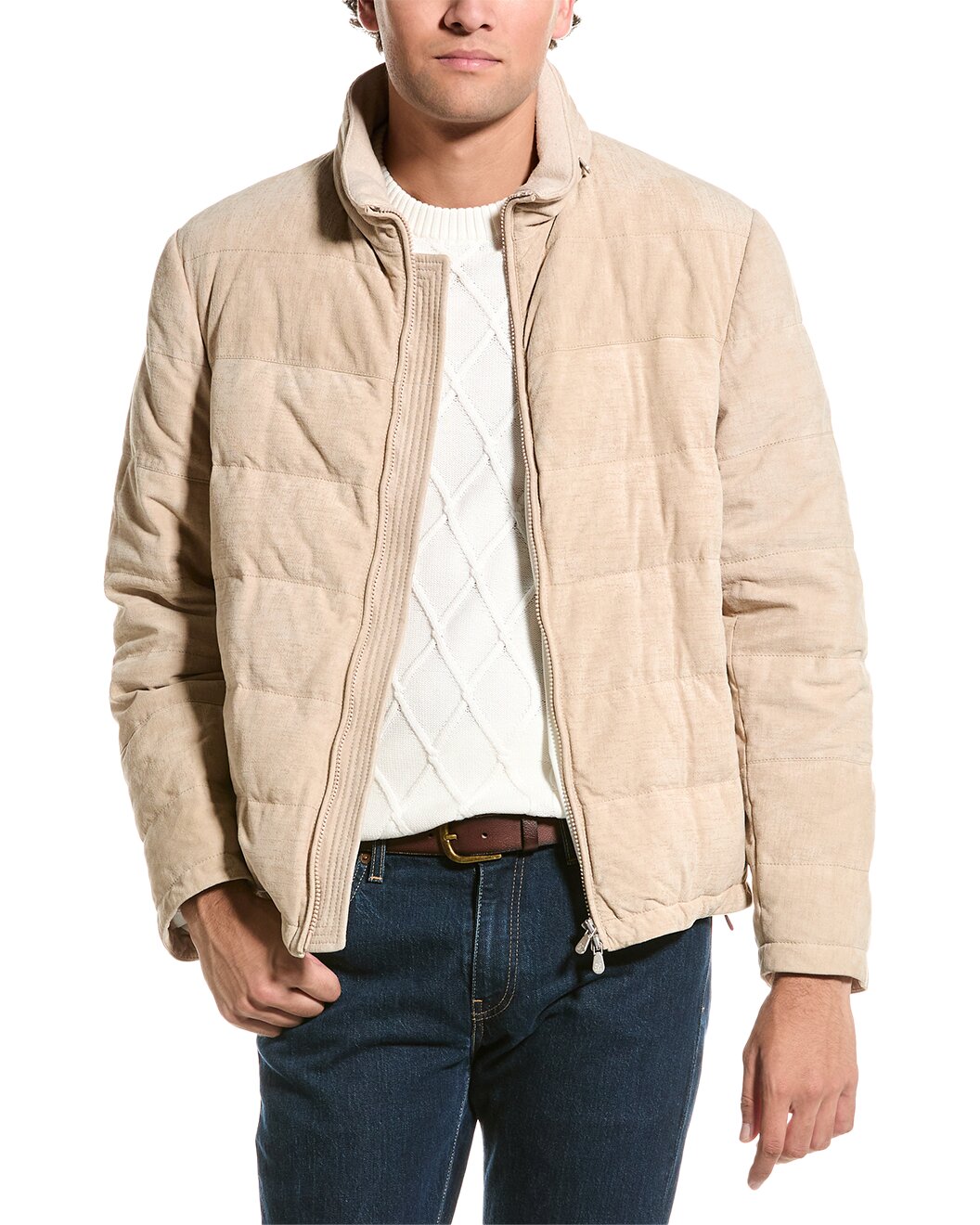 BRUNELLO CUCINELLI MEN'S BISCUITS LEATHER QUILTED ZIP JACKET