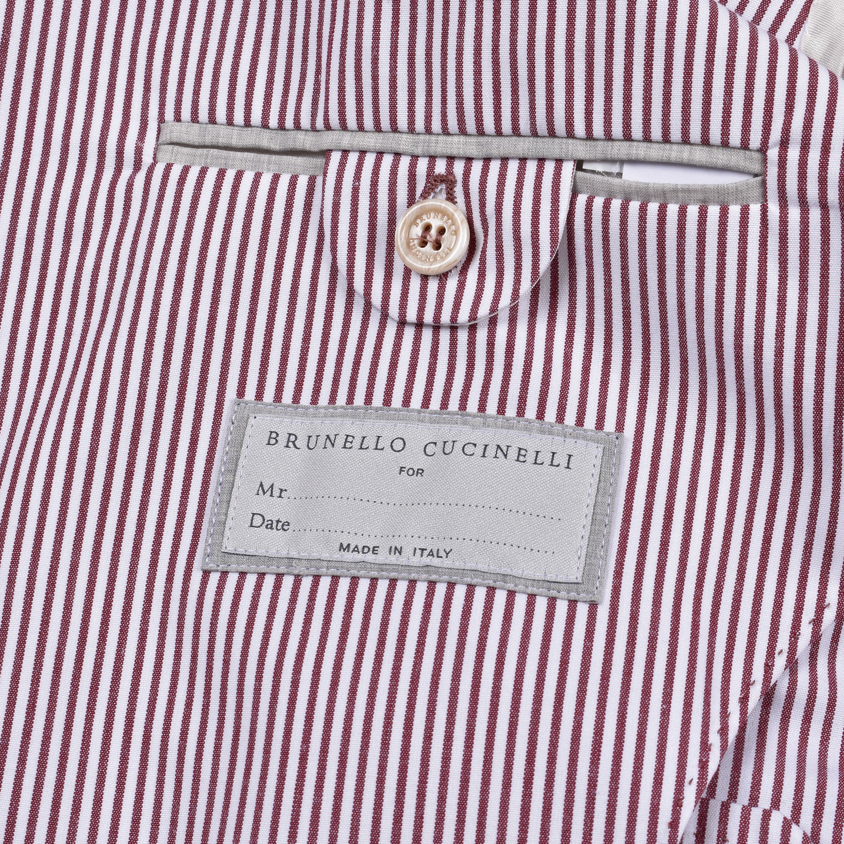 BRUNELLO CUCINELLI MEN'S BURGUNDY STRIPED DECONSTRUCTED BLAZER