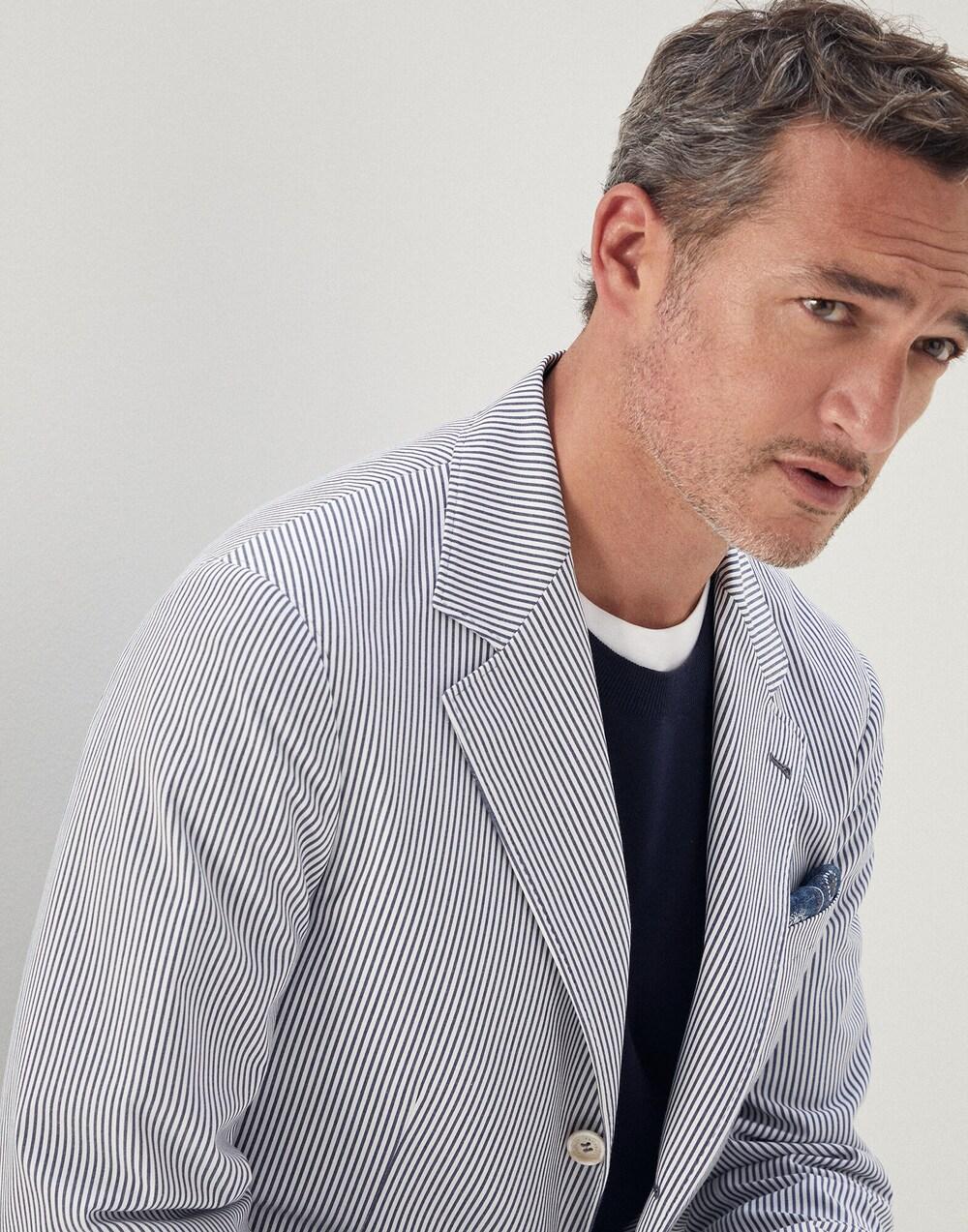 BRUNELLO CUCINELLI MEN'S BLUE WHITE STRIPED BLAZER