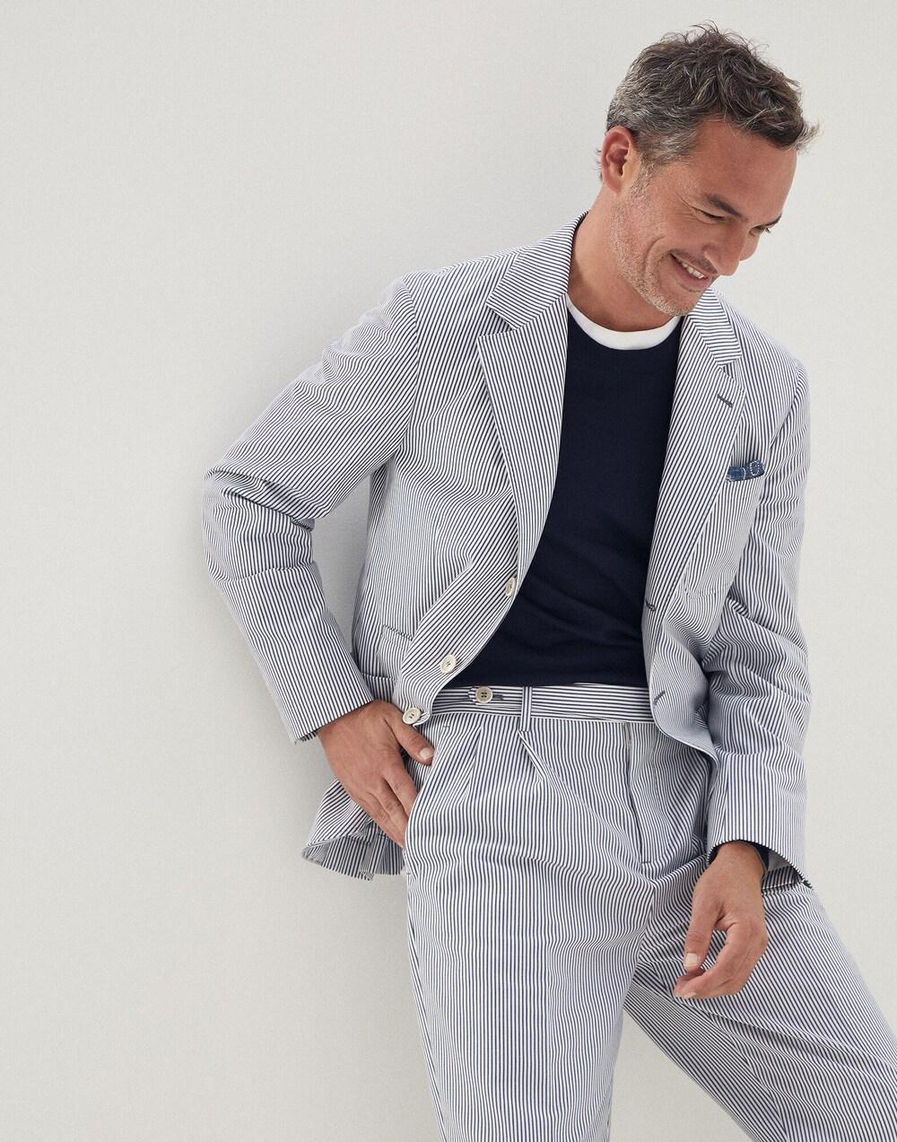 BRUNELLO CUCINELLI MEN'S BLUE WHITE STRIPED BLAZER