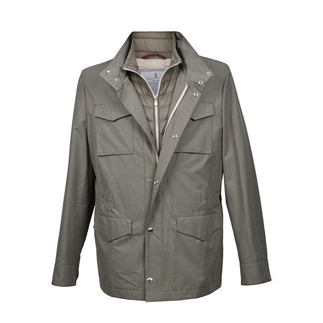 BRUNELLO CUCINELLI MEN'S COTTON BLEND REMOVABLE DUAL LAYER JACKET / OVERCOAT