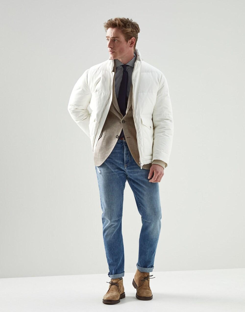 BRUNELLO CUCINELLI MEN'S WHITE BLUE STRIPED BUTTON-UP SHIRT