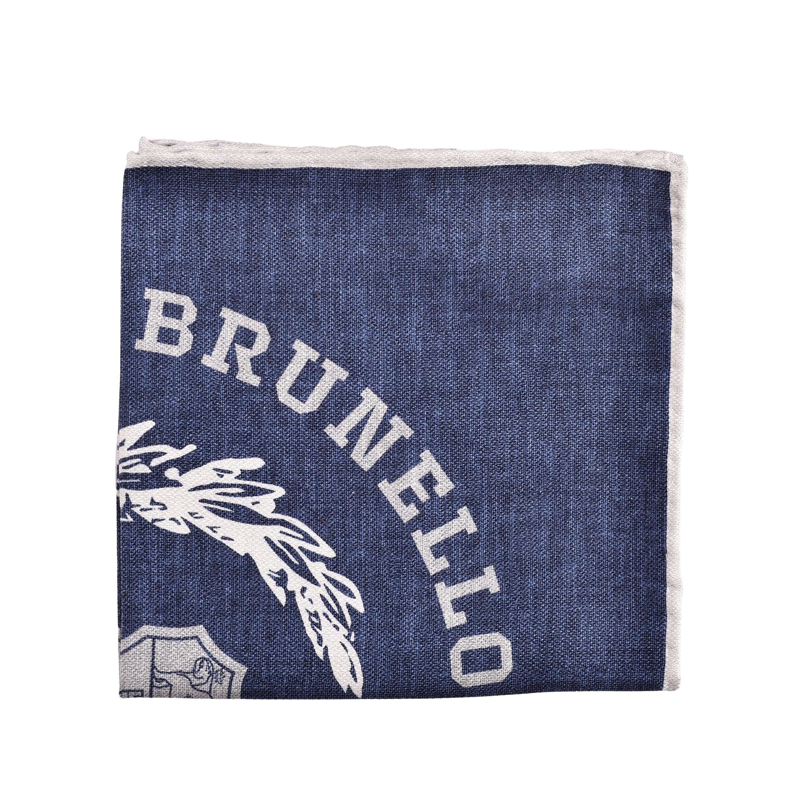 BRUNELLO CUCINELLI MEN'S BLUE SILK LOGO POCKET SQUARE