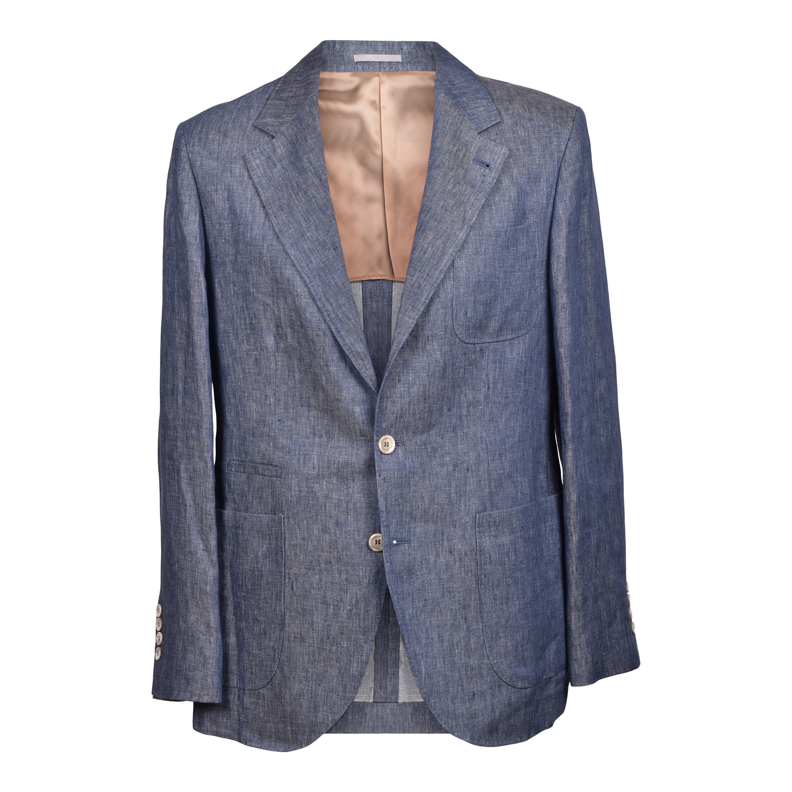 BRUNELLO CUCINELLI MEN'S DENIM BLUE LINEN THREE-BUTTON SUIT
