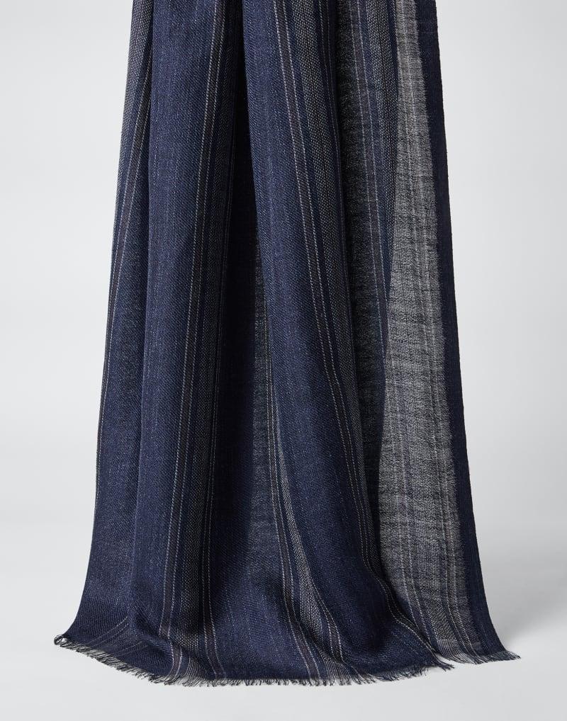 BRUNELLO CUCINELLI MEN'S BLUE SILK LINEN STRIPED SCARF