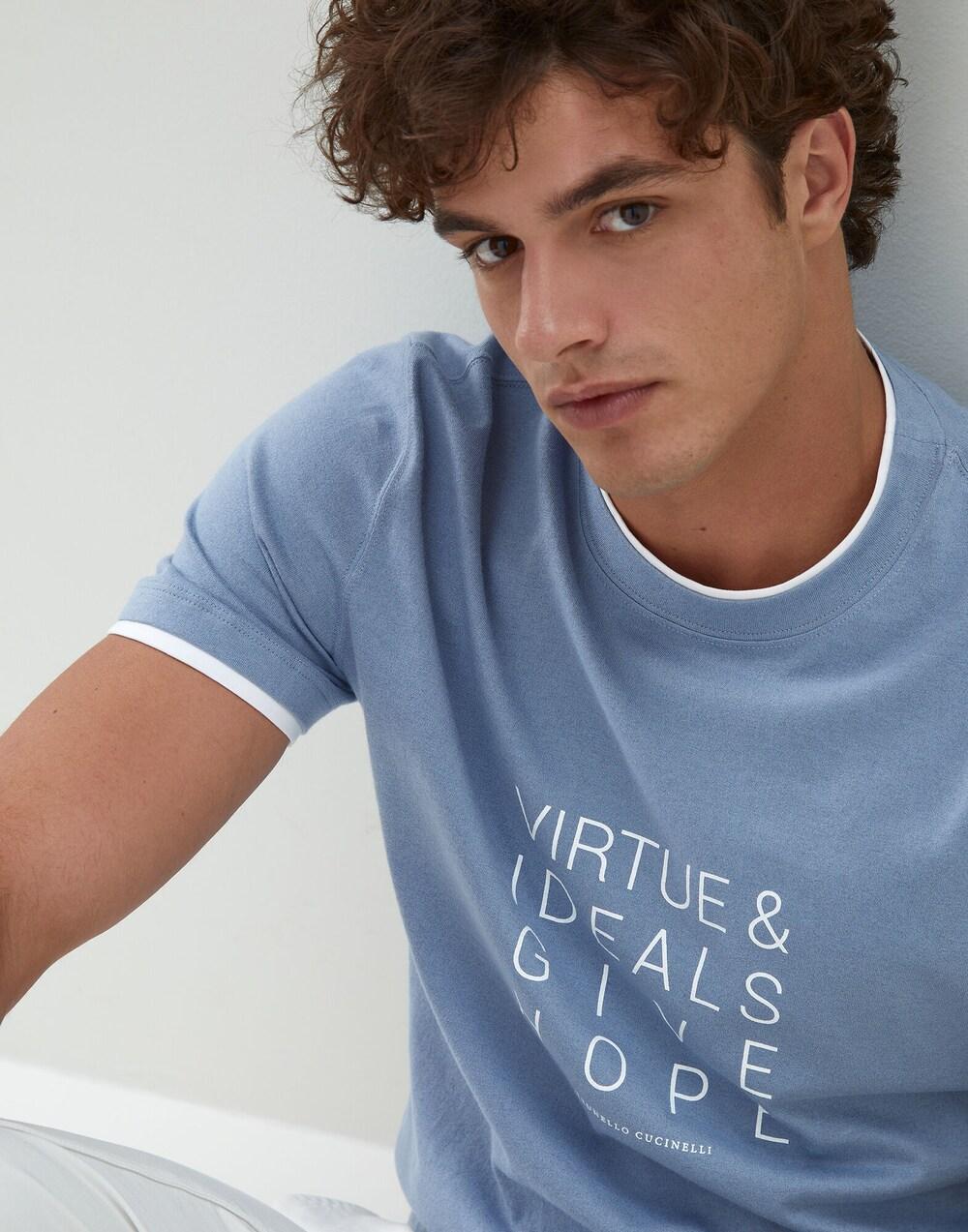 BRUNELLO CUCINELLI MEN'S BLUE CREWNECK T-SHIRT WITH TEXT