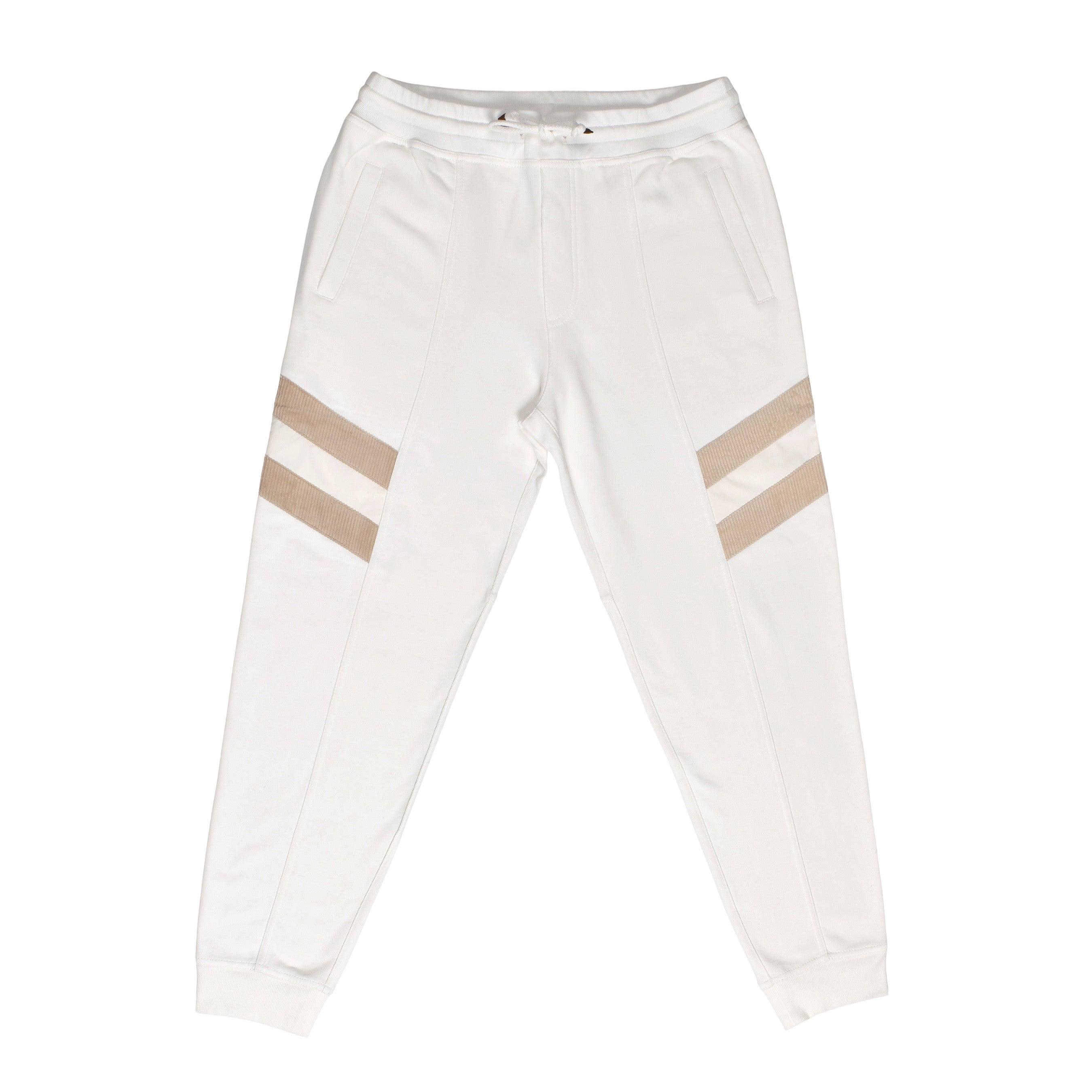 BRUNELLO CUCINELLI MEN'S OFF WHITE ATHLETIC TROUSERS WITH STRIPES