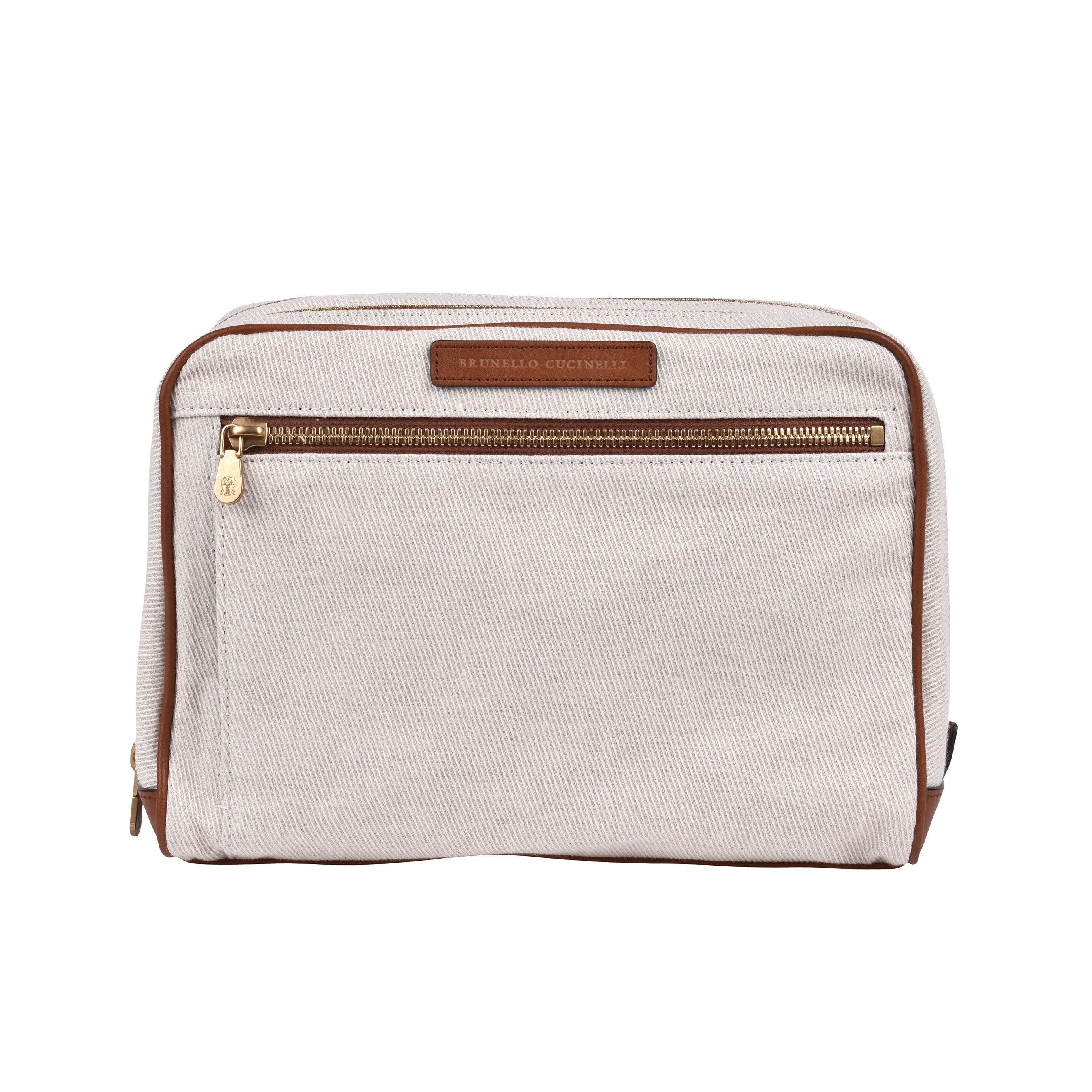 BRUNELLO CUCINELLI MEN'S NATURAL COGNAC LINEN TRAVEL CASE