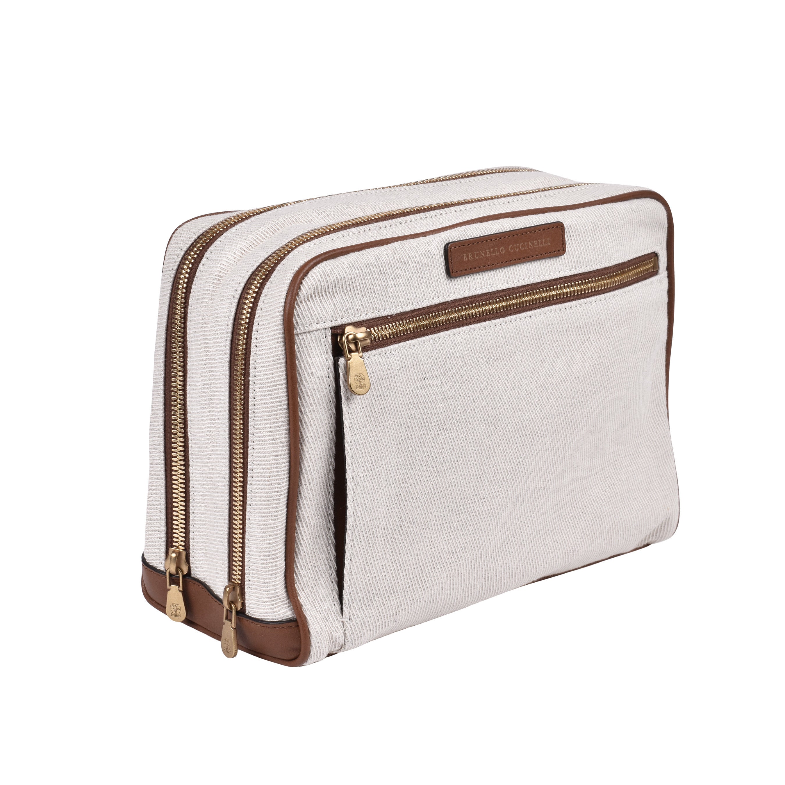 BRUNELLO CUCINELLI MEN'S NATURAL COGNAC LINEN TRAVEL CASE