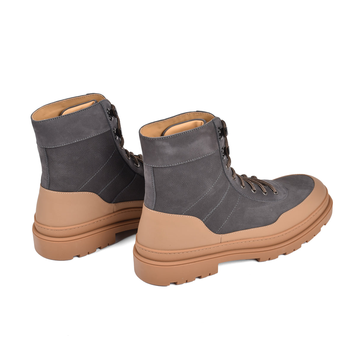BRUNELLO CUCINELLI MEN'S TWO TONE GREY AND TAN LEATHER HIKING BOOTS