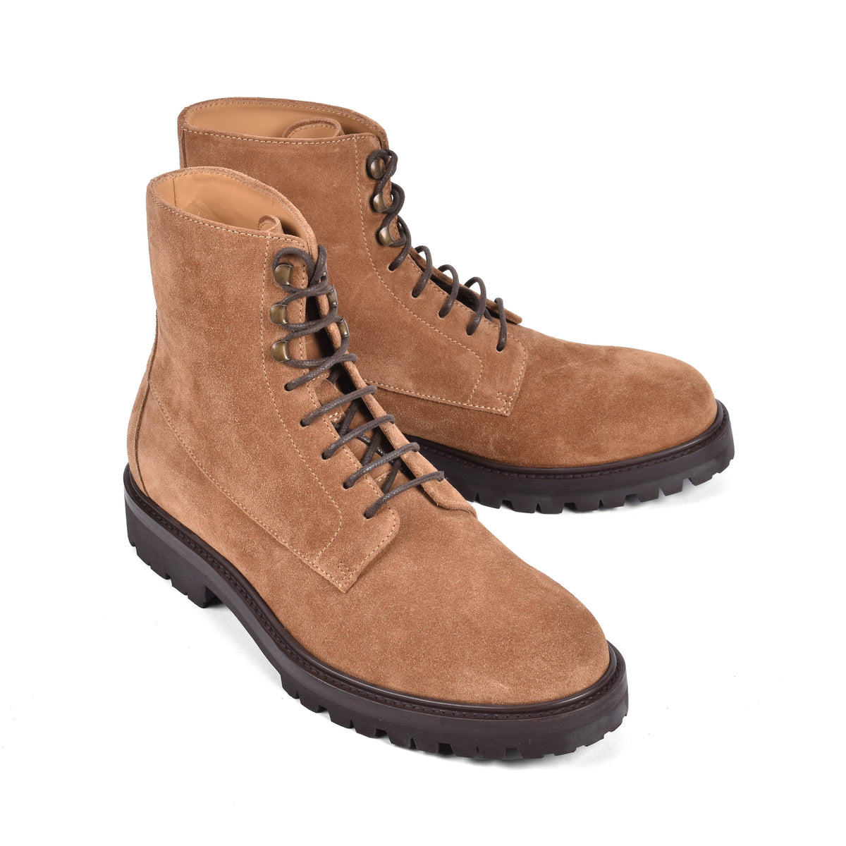 BRUNELLO CUCINELLI MEN'S BEIGE SUEDE LACE UP BOOTS