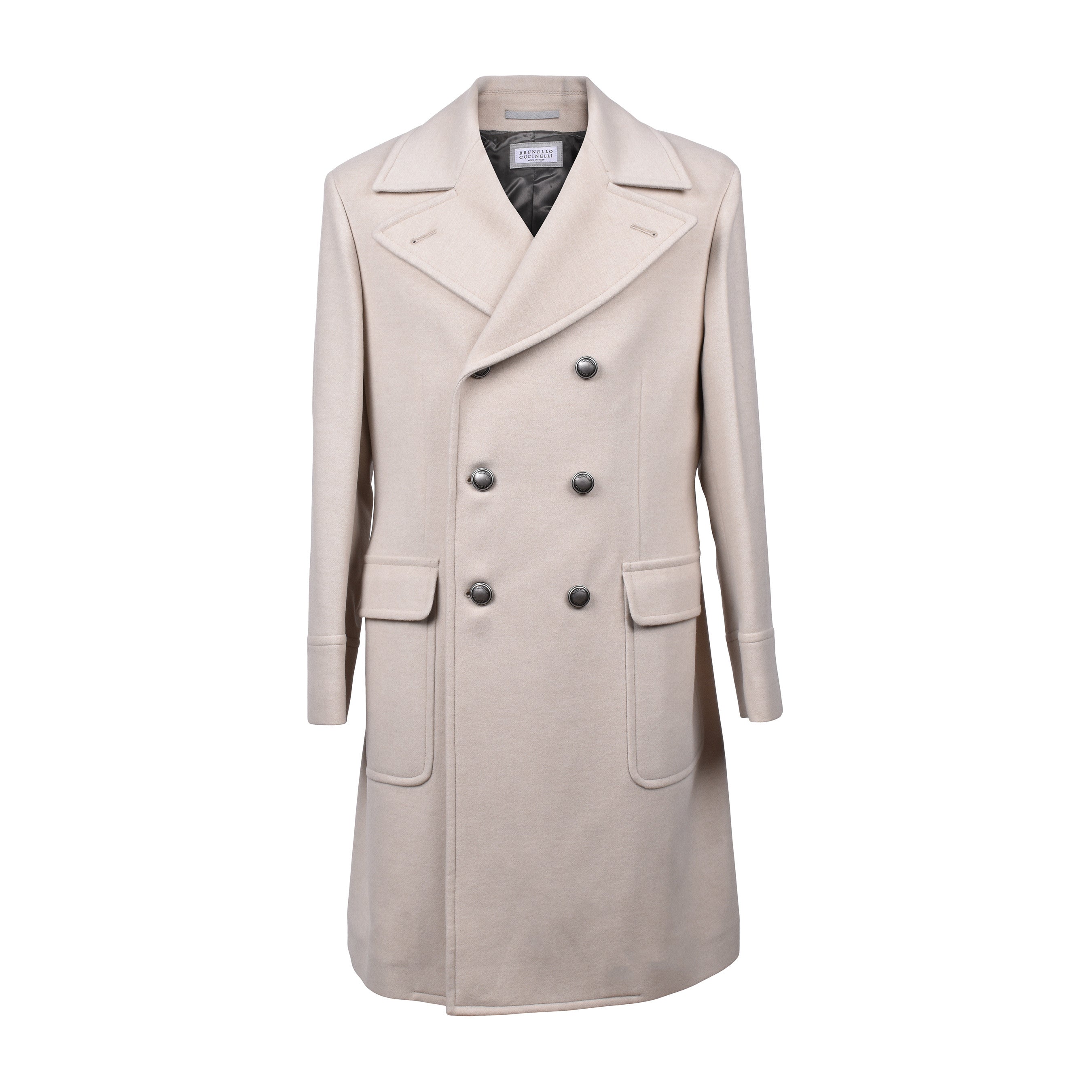 BRUNELLO CUCINELLI MEN'S SAND CASHMERE DOUBLE-BREASTED LONG COAT