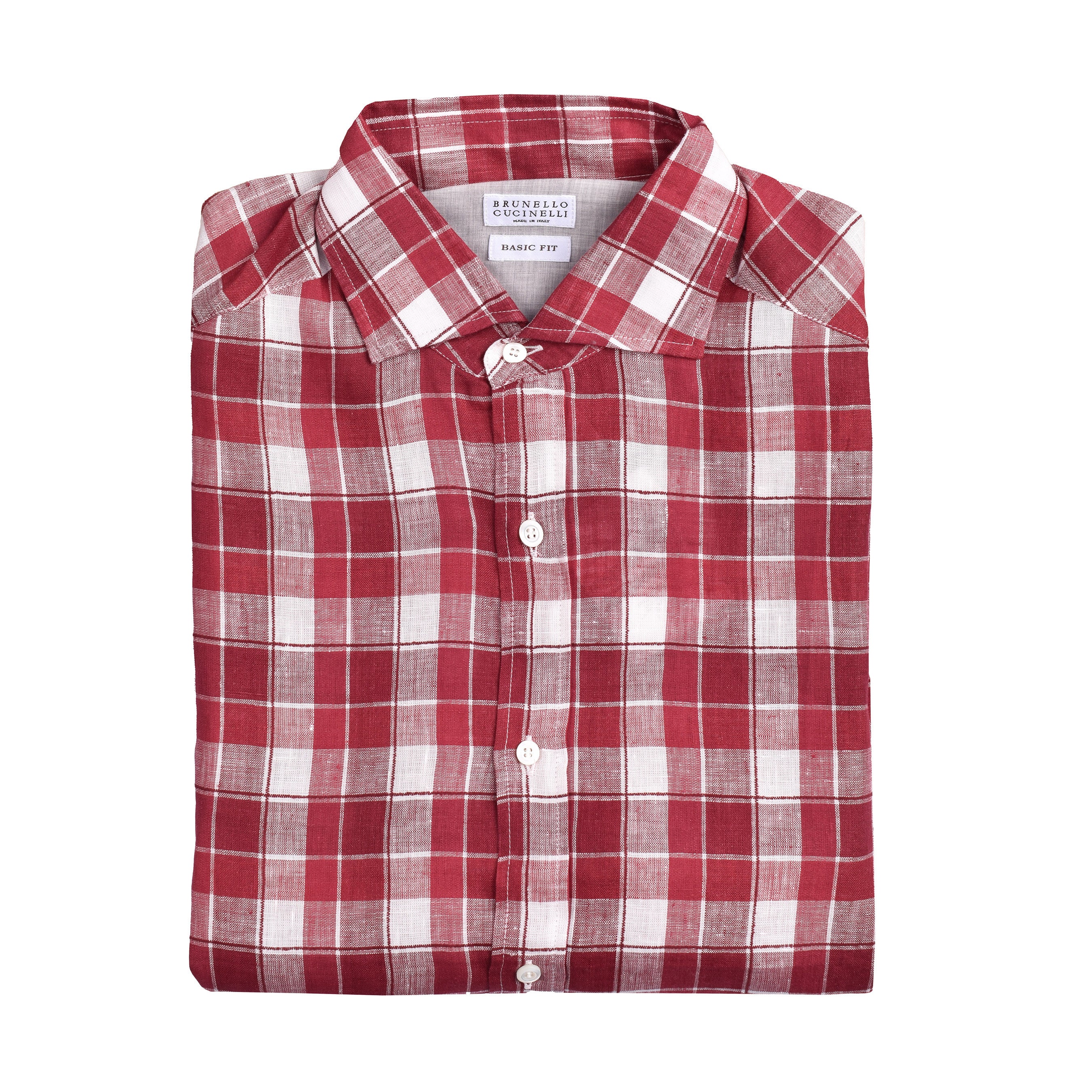 BRUNELLO CUCINELLI MEN'S RED LINEN PLAID SHIRT