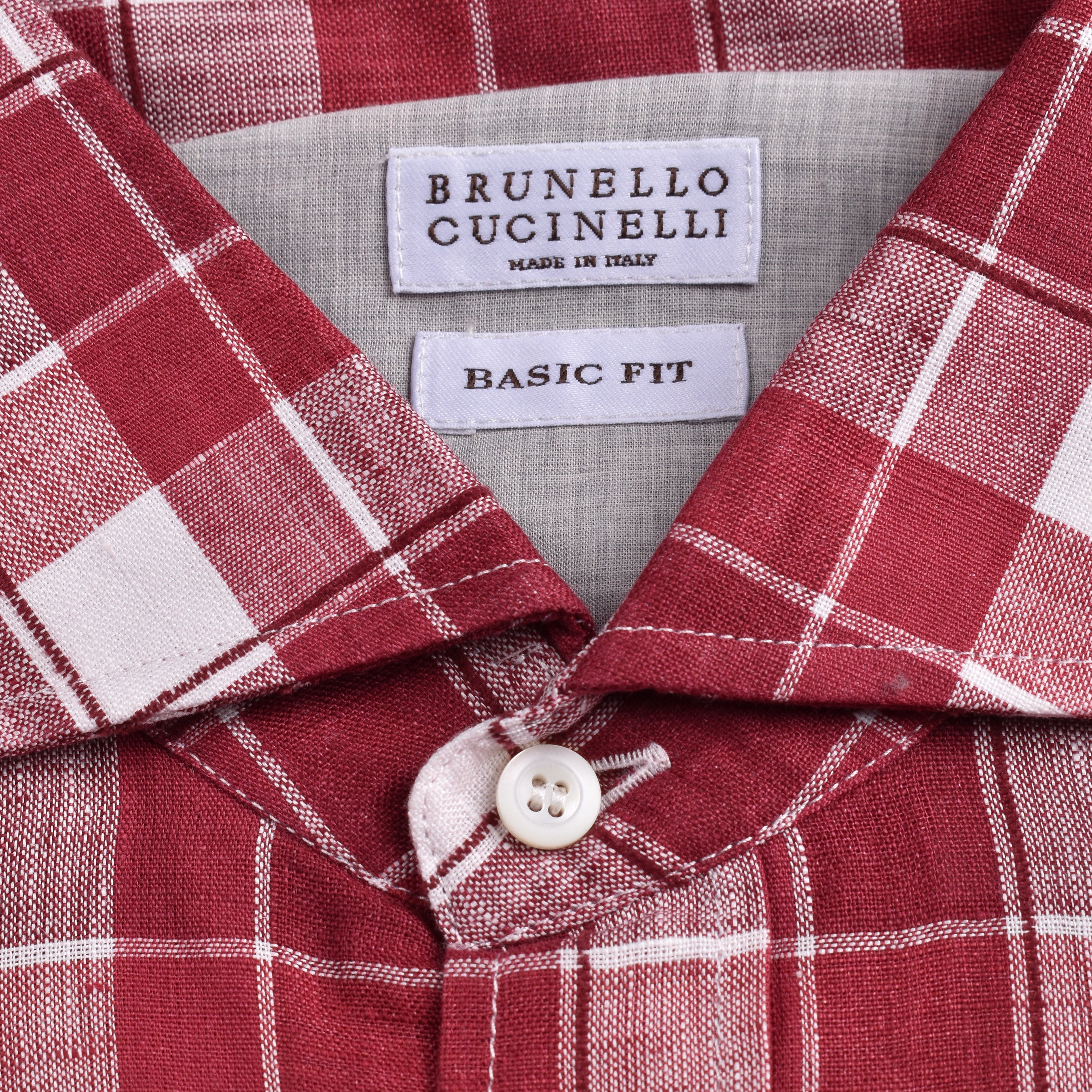 BRUNELLO CUCINELLI MEN'S RED LINEN PLAID SHIRT