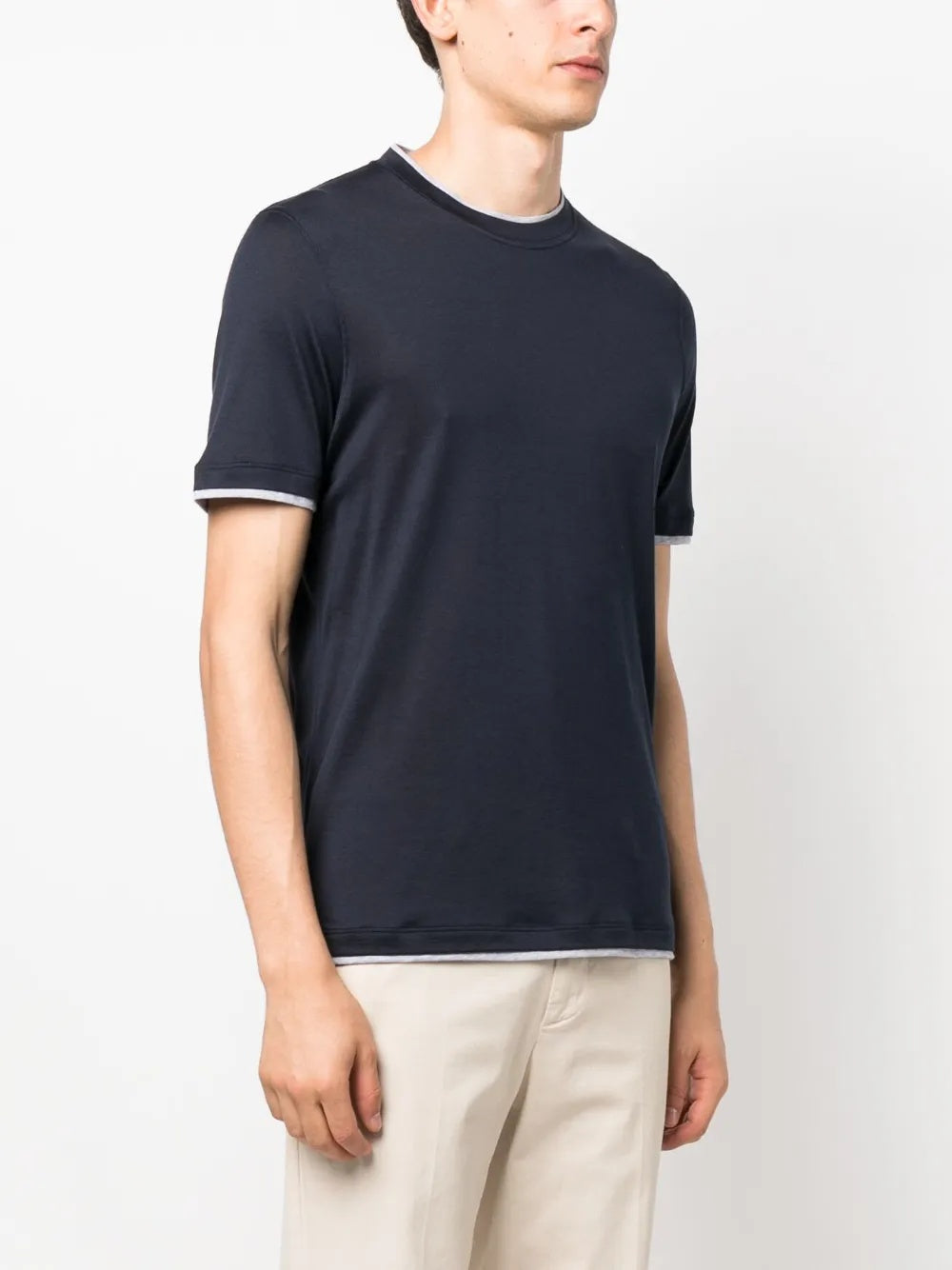 BRUNELLO CUCINELLI MEN'S DARK CREW NECK T-SHIRT WITH CONTRAST TRIM
