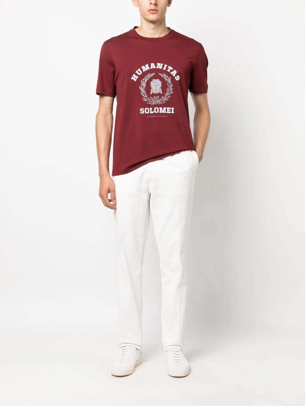 BRUNELLO CUCINELLI MEN'S MAROON GRAPHIC PRINT T-SHIRT