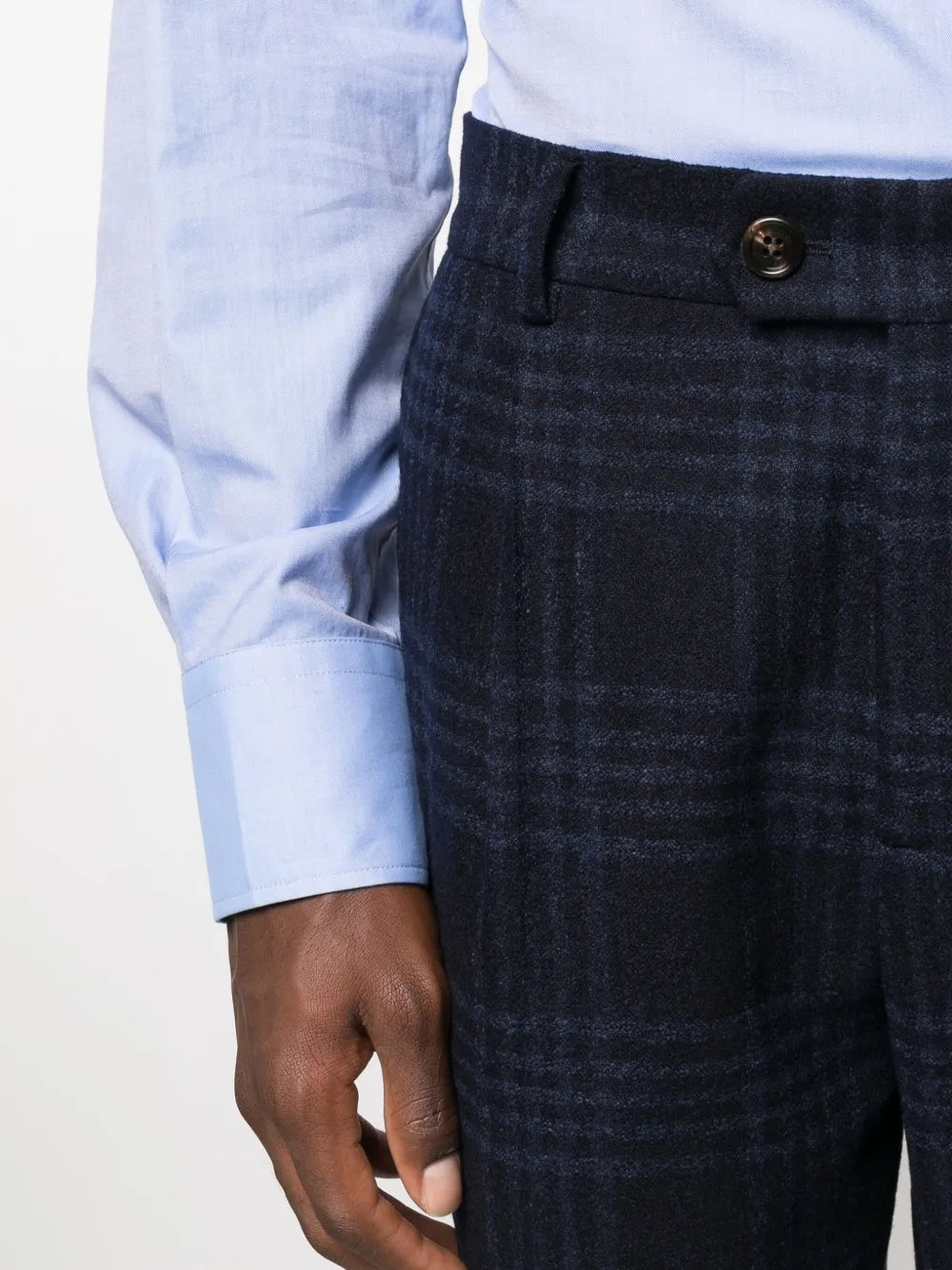 BRUNELLO CUCINELLI MEN'S NAVY WOOL PLAID TROUSERS