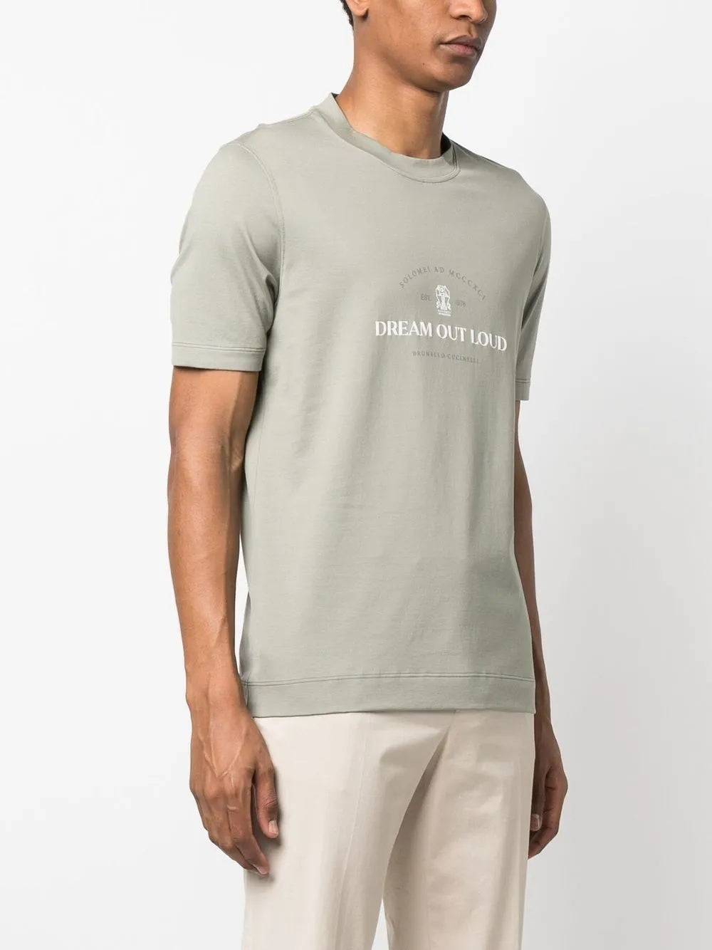 BRUNELLO CUCINELLI MEN'S SAGE GREEN CREWNECK T-SHIRT WITH PRINT