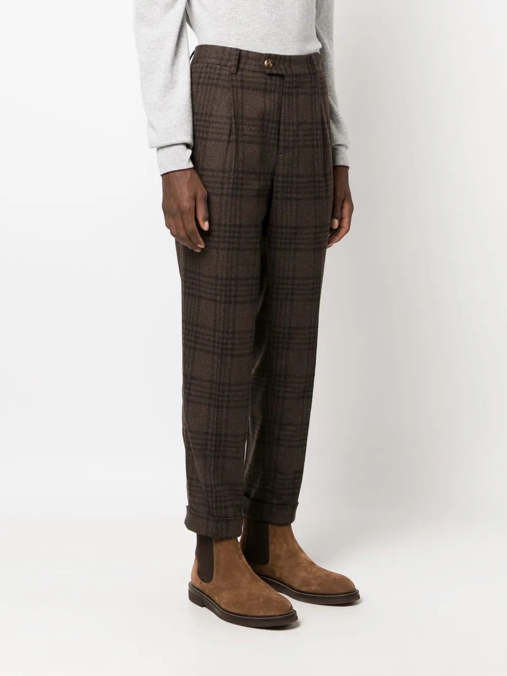 BRUNELLO CUCINELLI MEN'S BROWN PLAID TAILORED TROUSERS