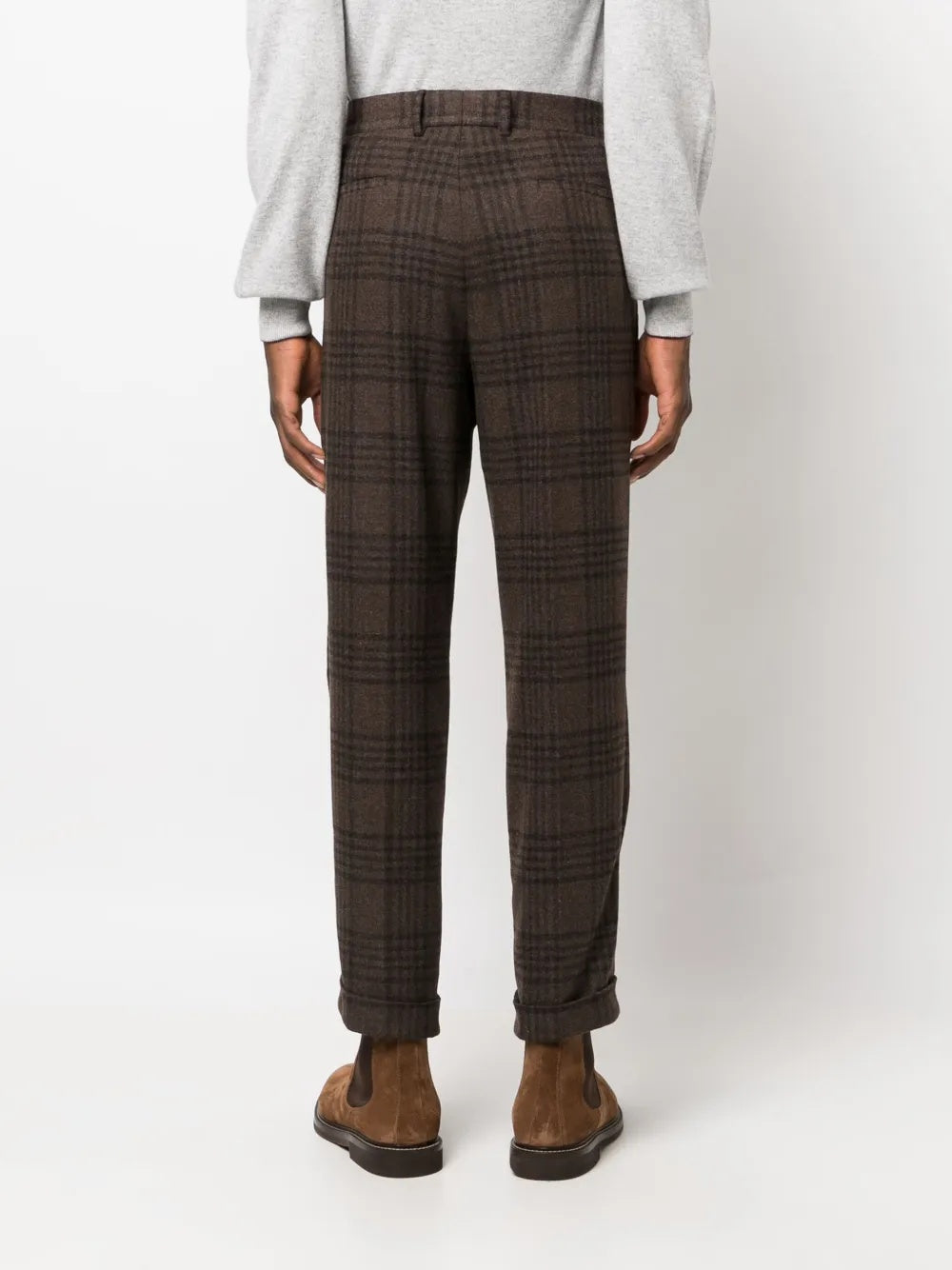 BRUNELLO CUCINELLI MEN'S BROWN PLAID TAILORED TROUSERS