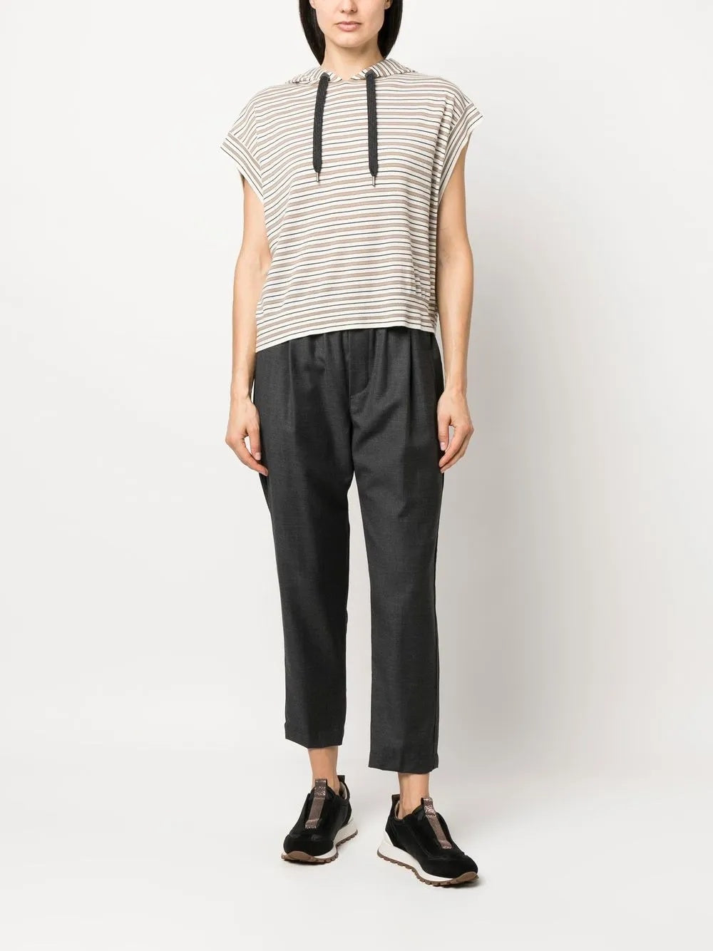 BRUNELLO CUCINELLI WOMEN'S STRIPED SLEEVELESS HOODED SWEATER