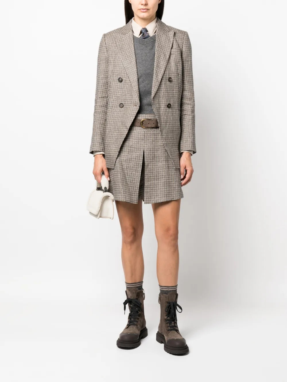 BRUNELLO CUCINELLI WOMEN'S HOUNDSTOOTH PLEATED TAILORED SHORTS