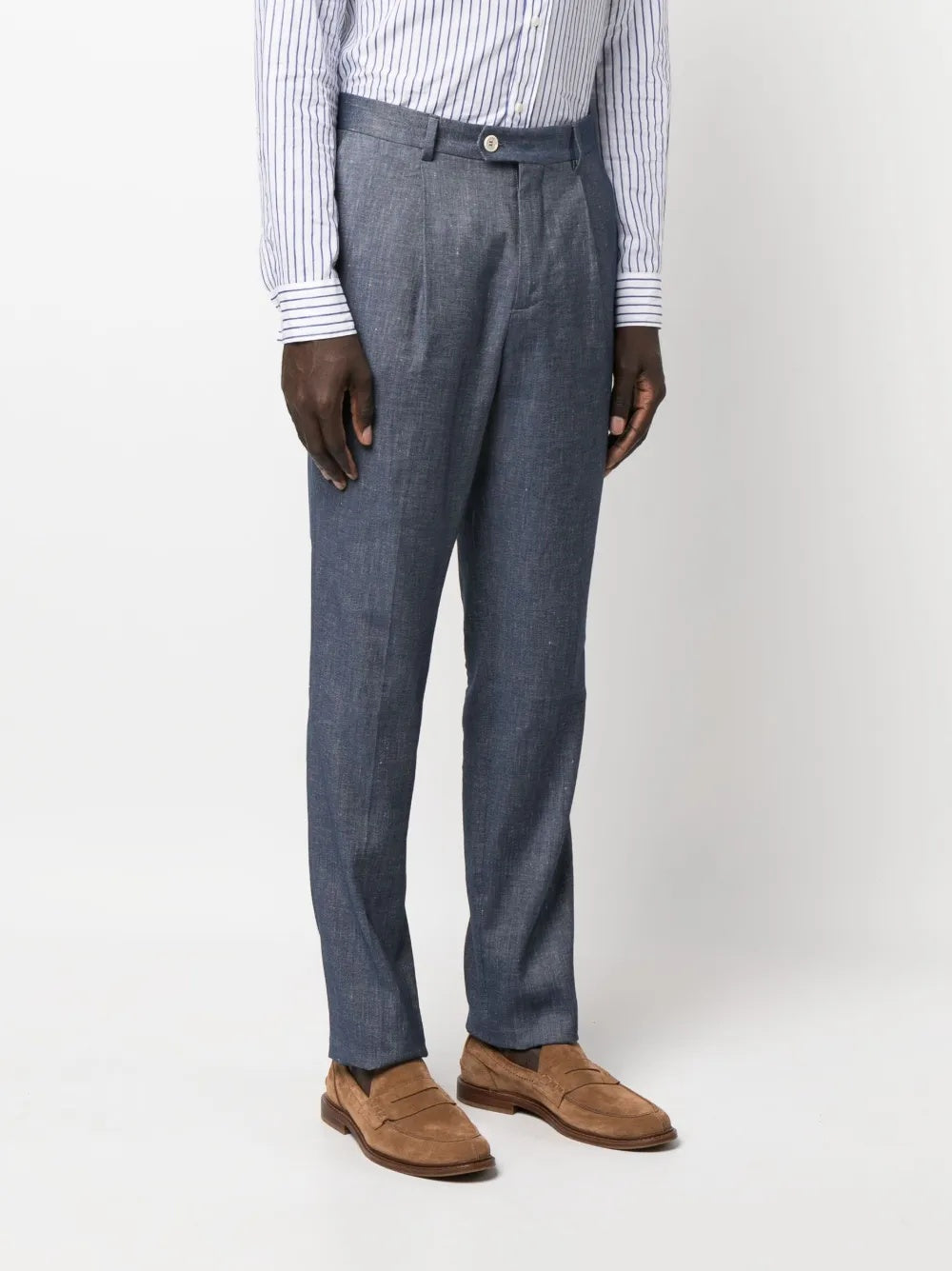 BRUNELLO CUCINELLI MEN'S BLUE PLEATED TAILORED TROUSERS
