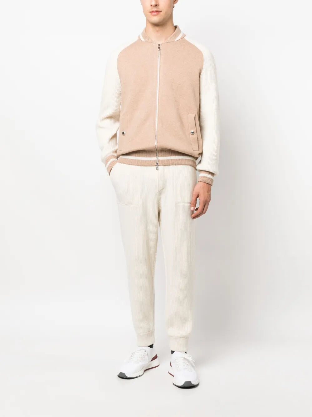 BRUNELLO CUCINELLI MEN'S CREAM WOOL RIBBED TROUSERS