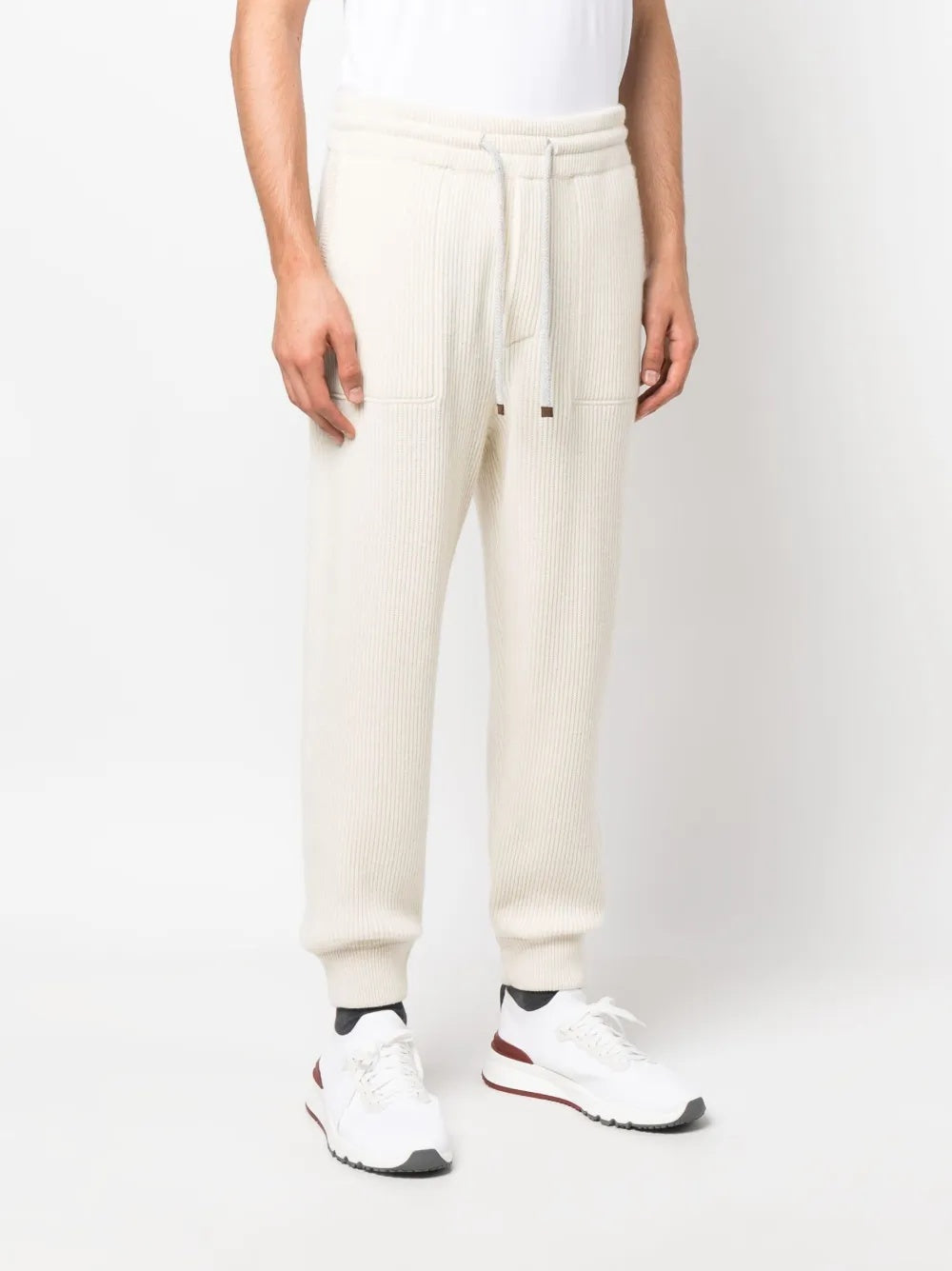 BRUNELLO CUCINELLI MEN'S CREAM WOOL RIBBED TROUSERS