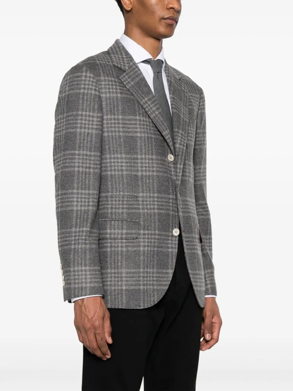BRUNELLO CUCINELLI MEN'S GRAY PLAID TAILORED BLAZER