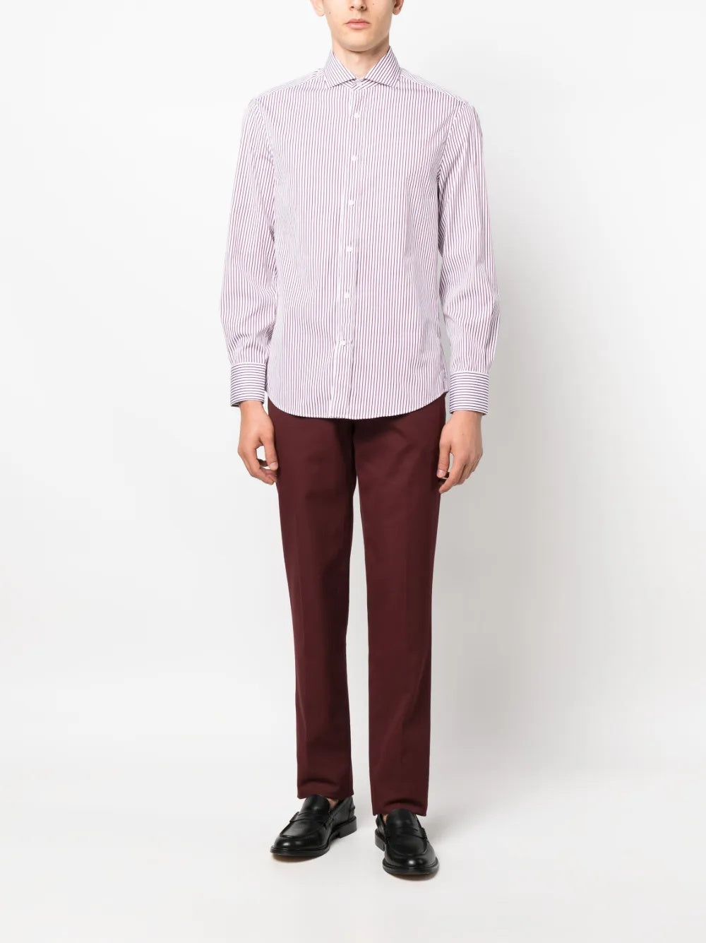 BRUNELLO CUCINELLI MEN'S PURPLE STRIPED BUTTON-DOWN SHIRT
