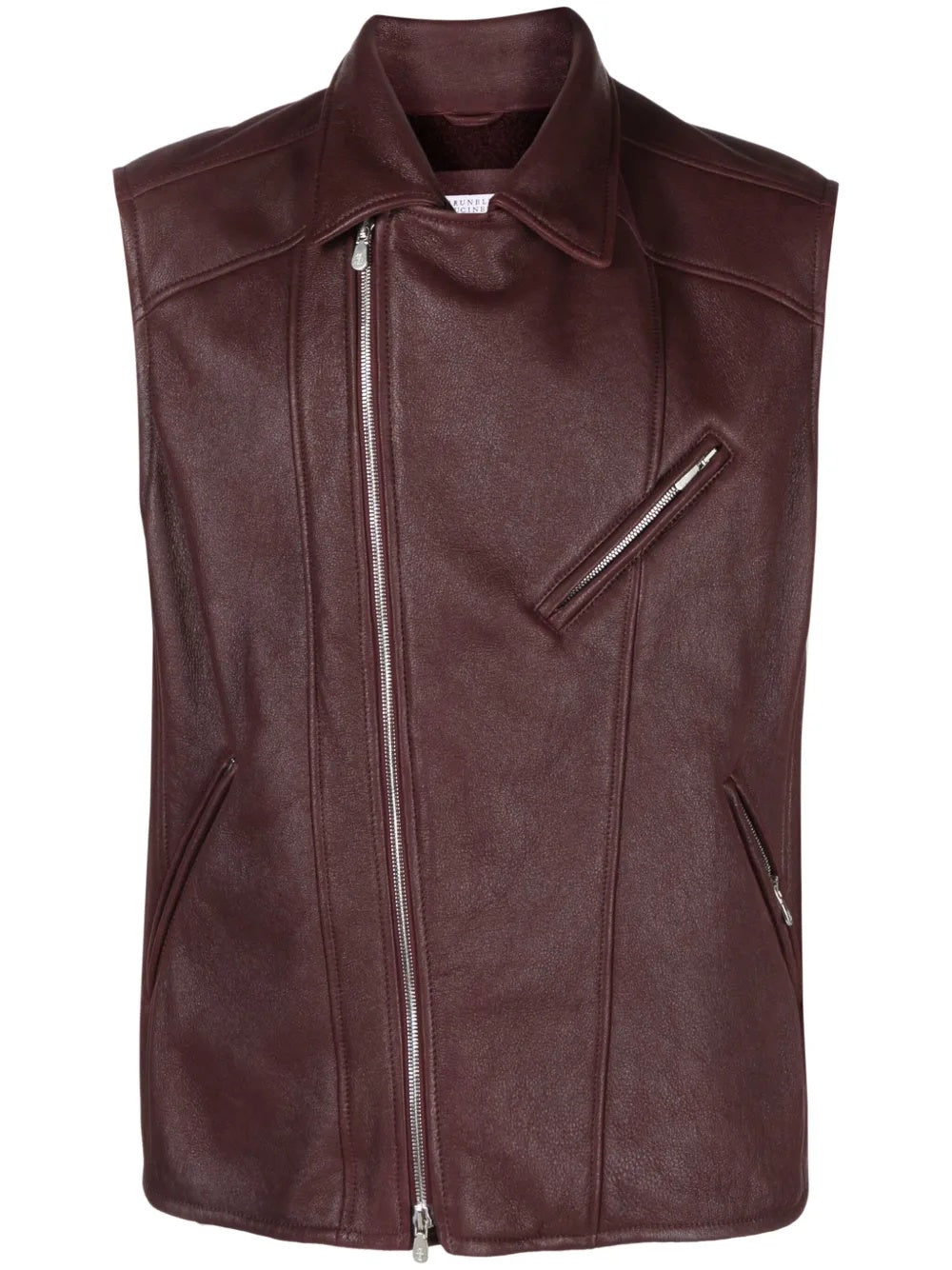 BRUNELLO CUCINELLI MEN'S BURGUNDY LEATHER BIKER VEST
