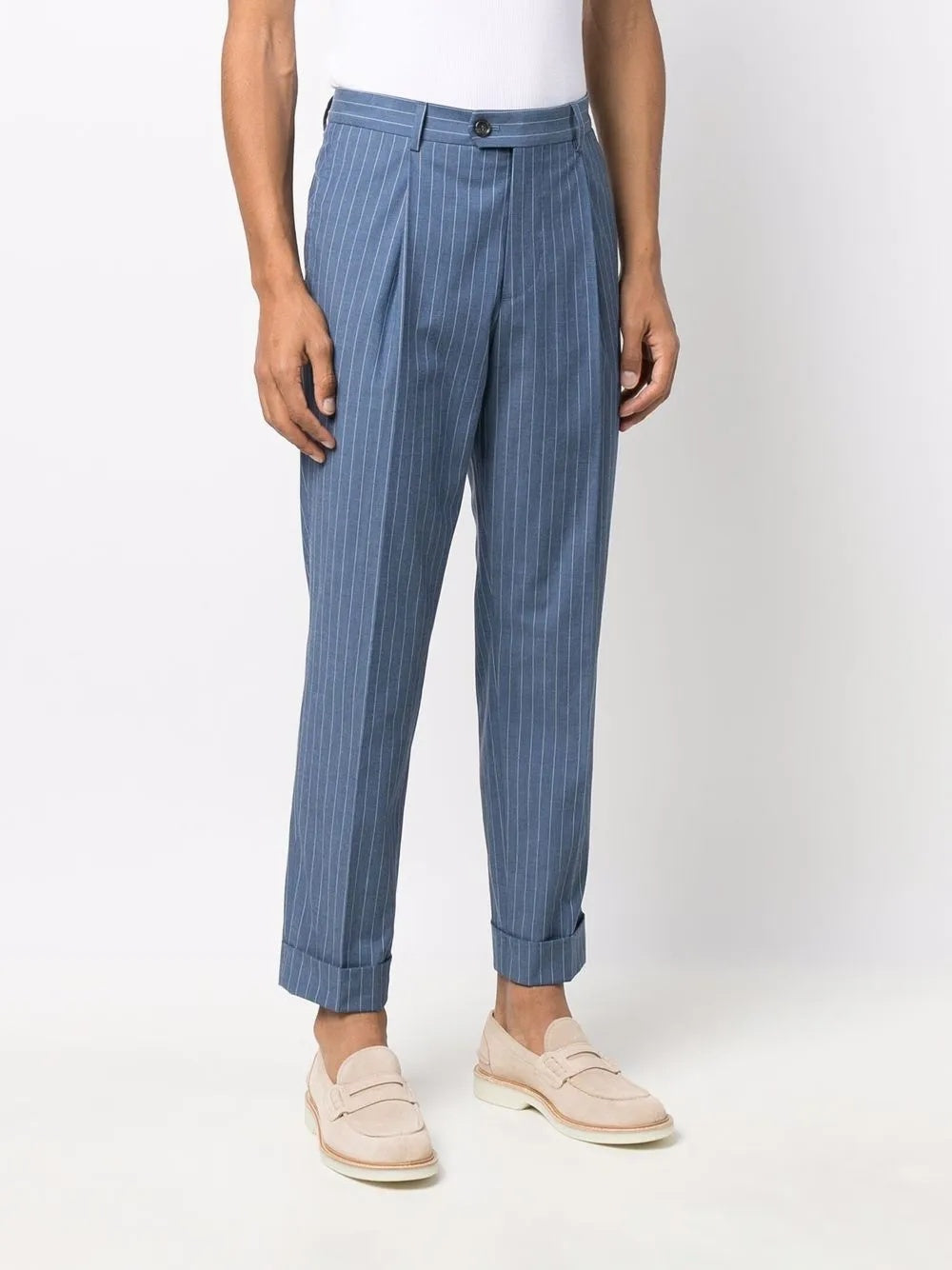 BRUNELLO CUCINELLI MEN'S SLATE BLUE PINSTRIPE TAILORED TROUSERS