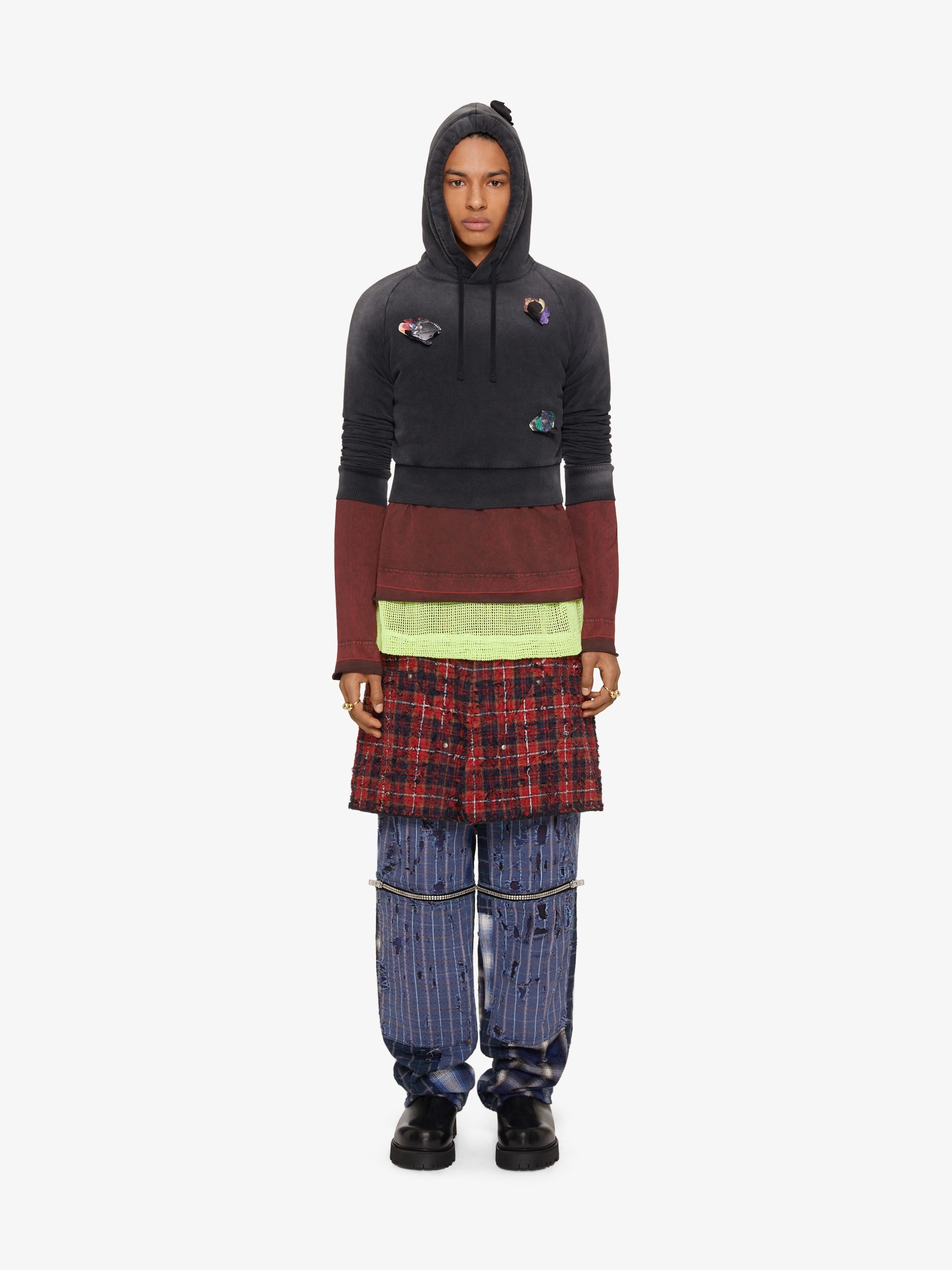 GIVENCHY MEN'S MULTICOLORED DISTRESSED LAYERED HOODIE