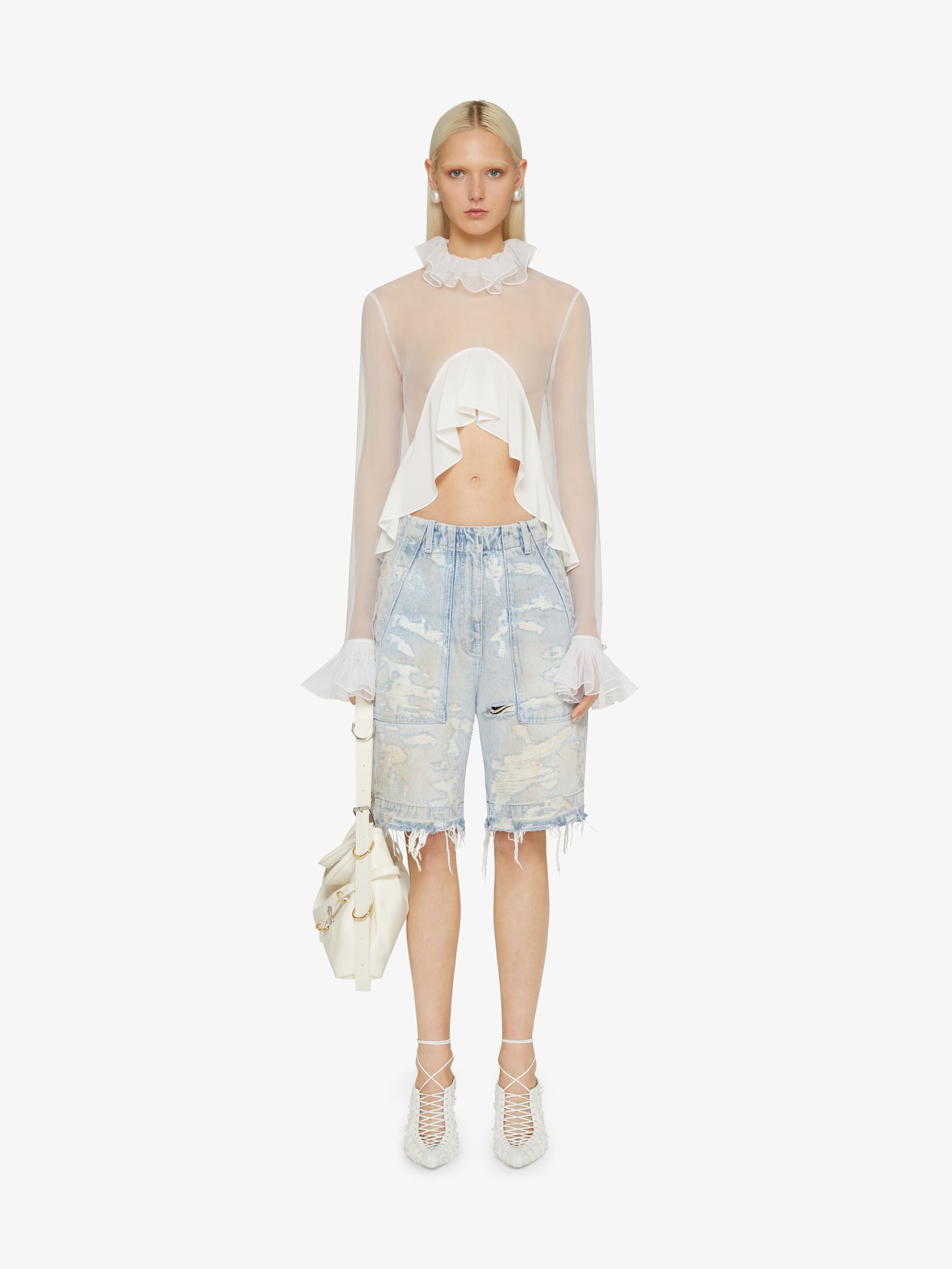 GIVENCHY WOMEN'S LIGHT BLUE DISTRESSED CARGO SHORTS