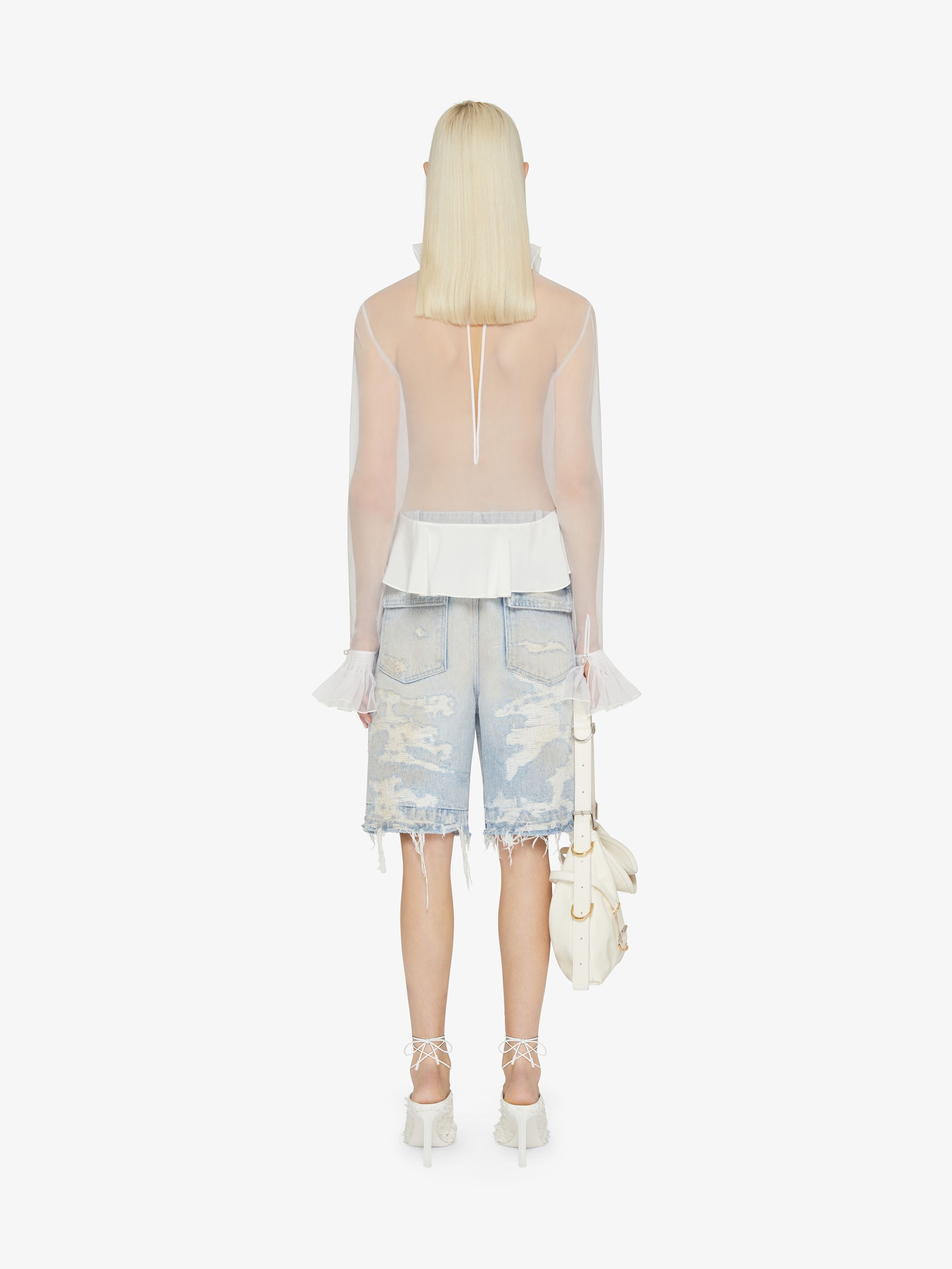 GIVENCHY WOMEN'S LIGHT BLUE DISTRESSED CARGO SHORTS