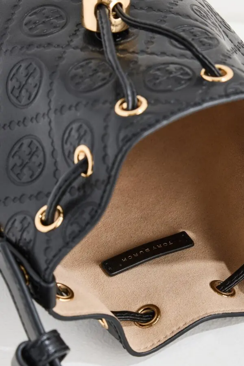 Tory Burch T Monogram Debossed Mini Bucket Bag in Black
