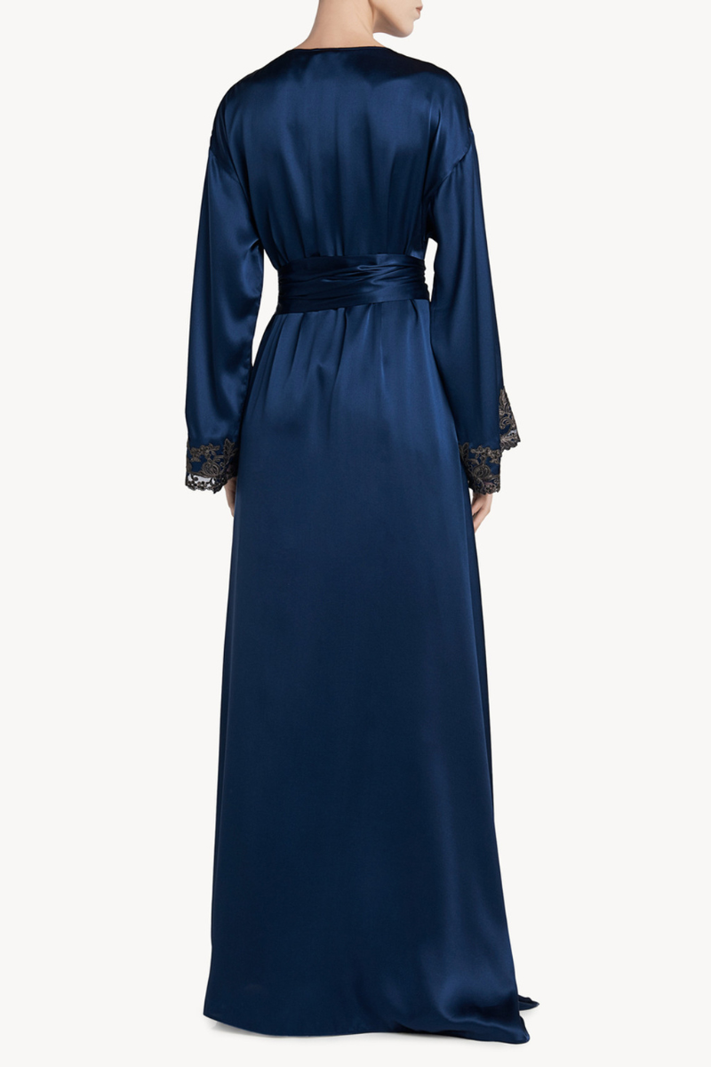 La Perla Blue long silk robe with frastaglio