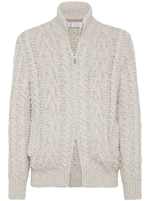 BRUNELLO CUCINELLI MEN'S MOTHER OF PEARL WOOL CABLE KNIT SWEATER
