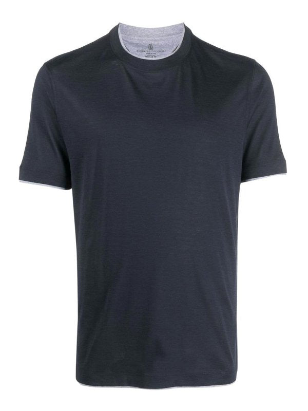 BRUNELLO CUCINELLI MEN'S COLORFUL BLUE SILK BLEND CREW NECK SHIRT