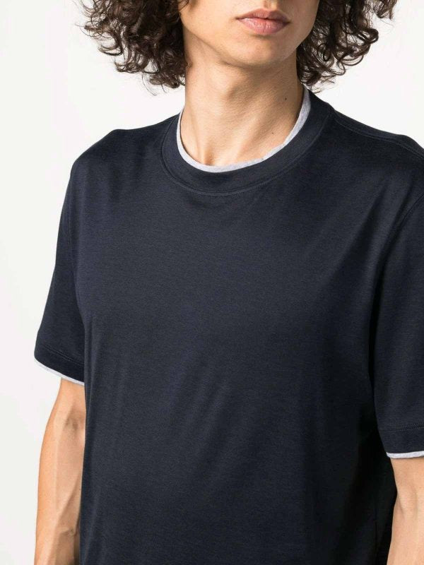 BRUNELLO CUCINELLI MEN'S COLORFUL BLUE SILK BLEND CREW NECK SHIRT