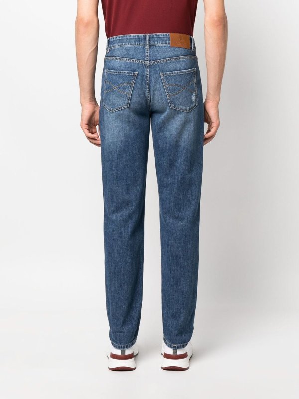 BRUNELLO CUCINELLI MEN'S FADED BLUE DISTRESSED DENIM JEANS