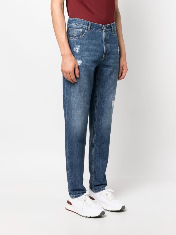 BRUNELLO CUCINELLI MEN'S FADED BLUE DISTRESSED DENIM JEANS