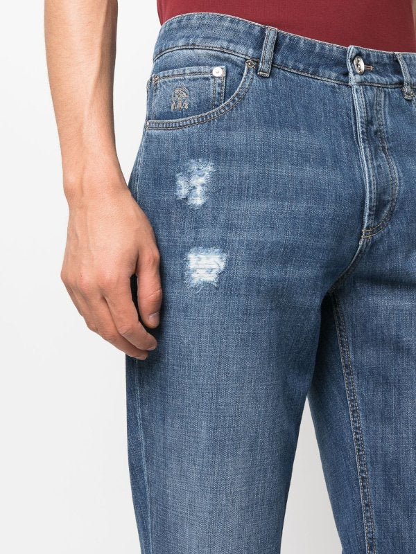 BRUNELLO CUCINELLI MEN'S FADED BLUE DISTRESSED DENIM JEANS