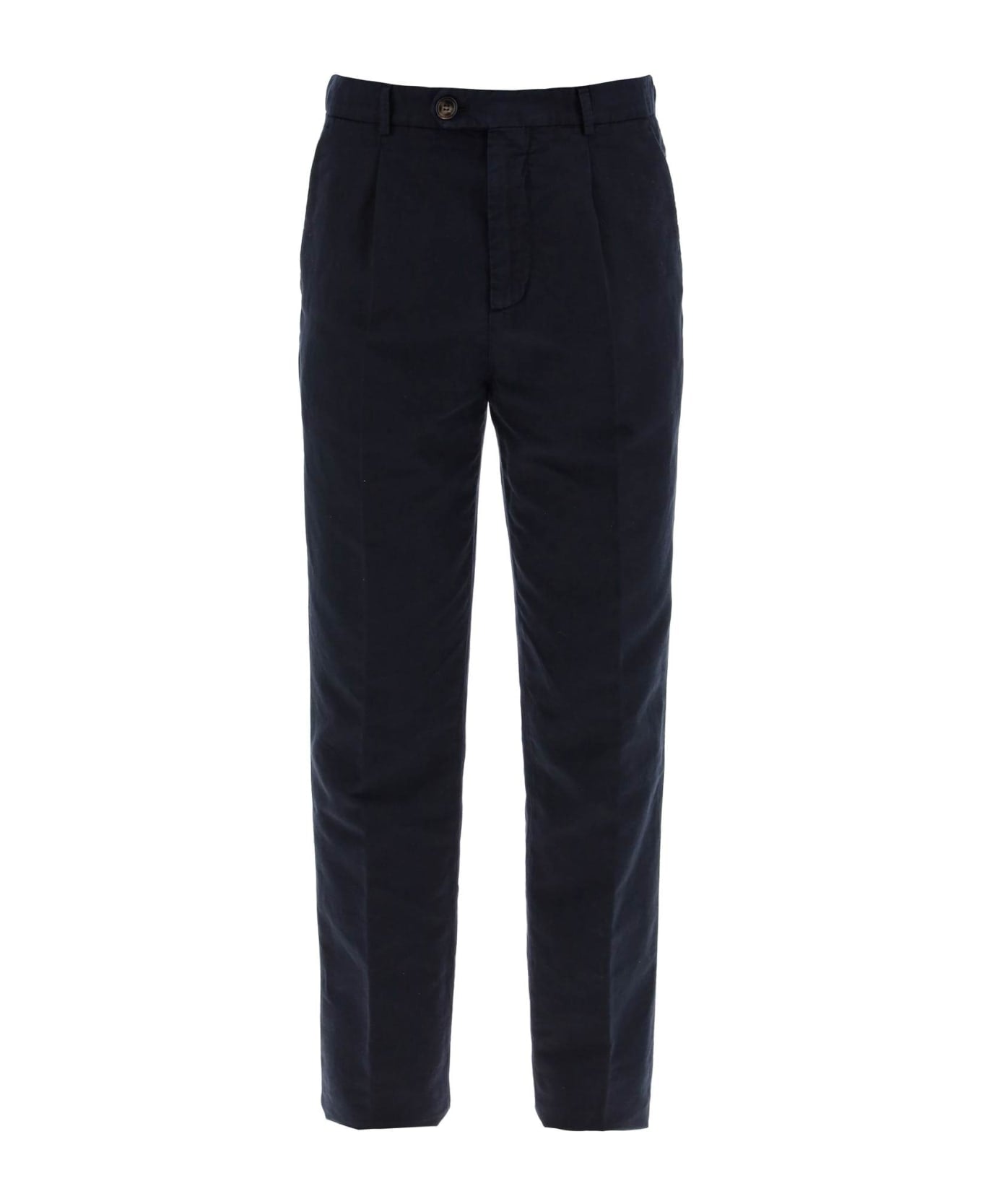 BRUNELLO CUCINELLI MEN'S NAVY LINEN BLEND TAILORED TROUSERS