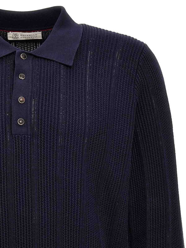 BRUNELLO CUCINELLI MEN'S NAVY KNIT POLO SWEATER