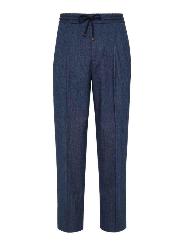 BRUNELLO CUCINELLI MEN'S BLUE PLEATED DRAWSTRING TROUSERS