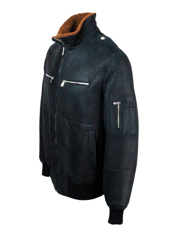 BRUNELLO CUCINELLI MEN'S BLACK SHEARLING COLLAR JACKET