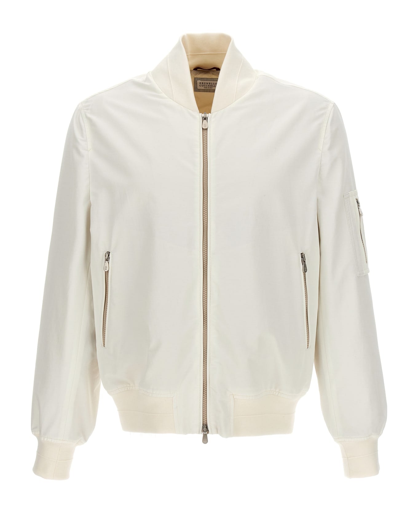 BRUNELLO CUCINELLI MEN'S IVORY BOMBER JACKET WITH ZIPPER